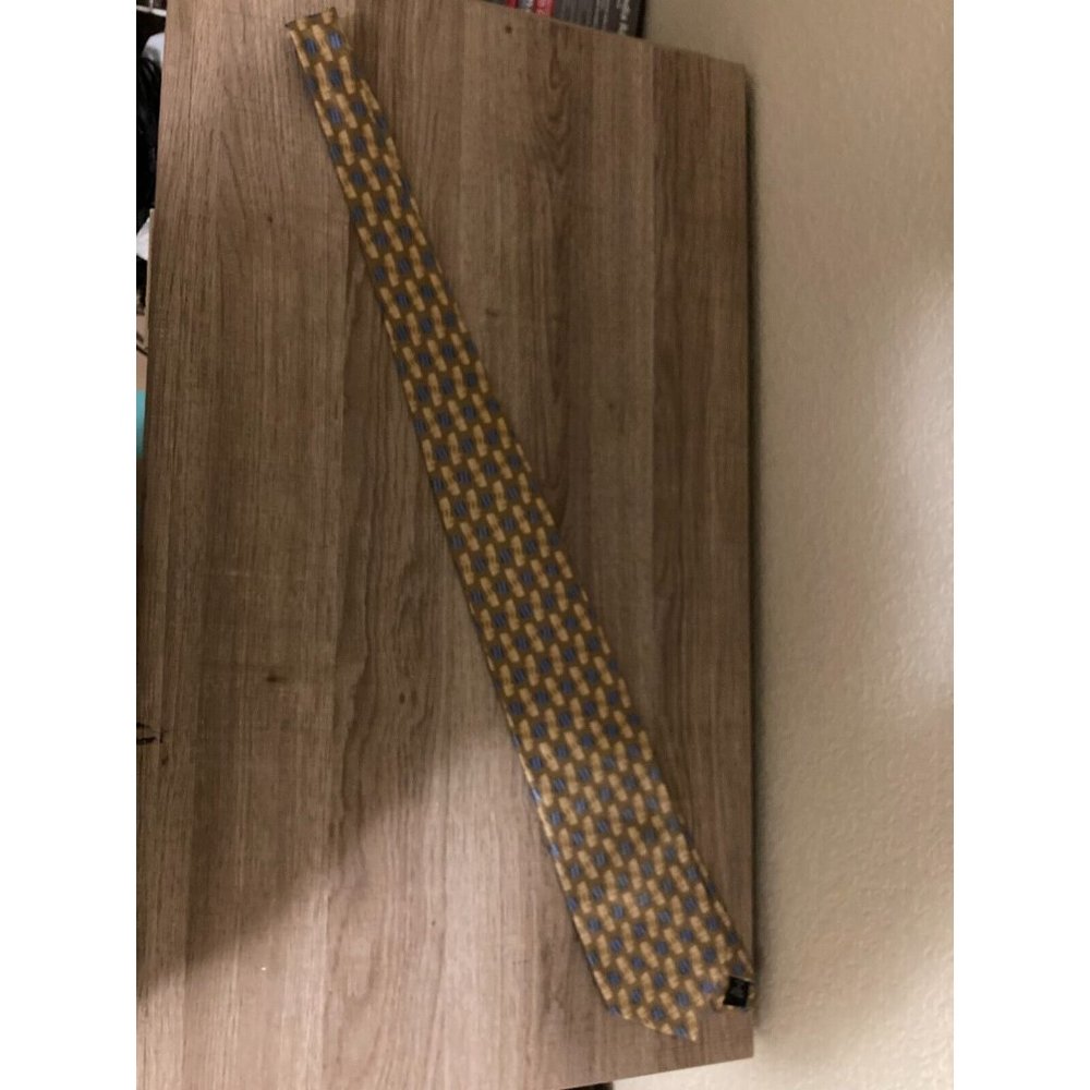 Boca Classics Men's Silk Necktie Gold and Blue Geometric Pattern